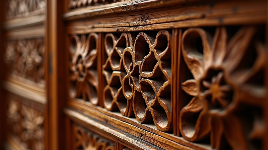 Traditional carved wooden panel showing intricate geometric patterns typical of Chettinad design