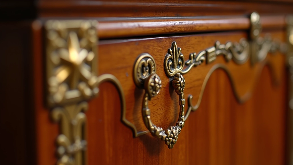 Detailed brass hardware and decorative elements on traditional Chettinad furniture pieces displayed in a styled arrangement