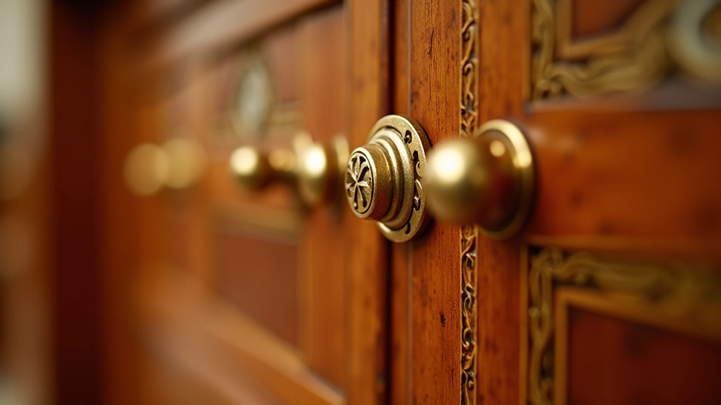 Close-up detail of brass inlays and decorative hardware on traditional furniture piece