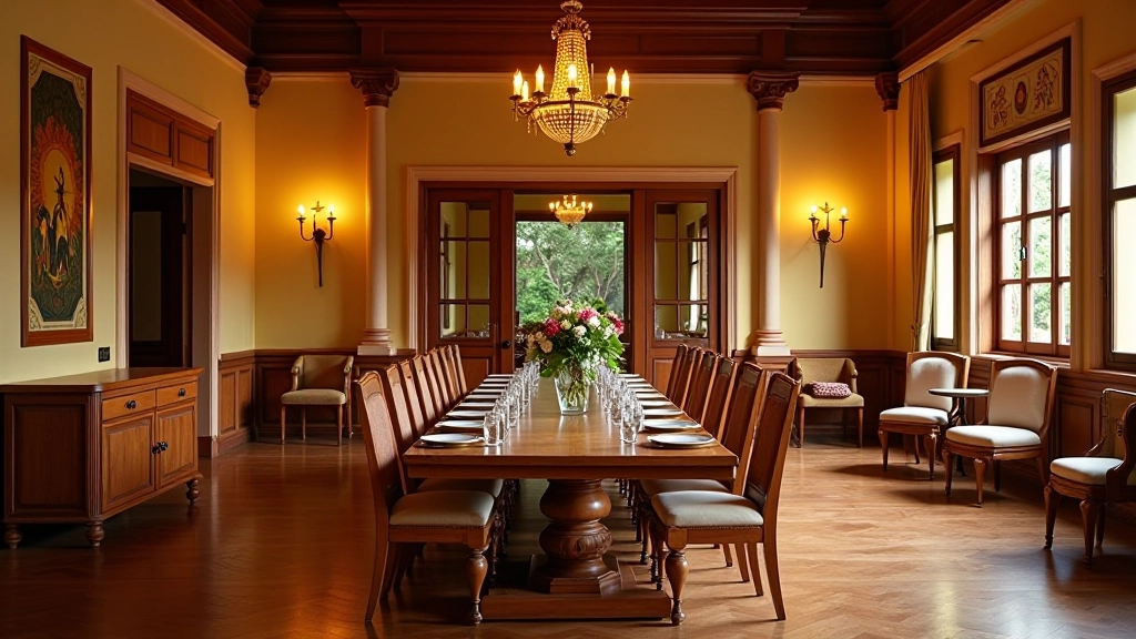 Well-proportioned dining room with symmetrical furniture arrangement, traditional columns, and architectural details typical of Anna Nagar homes