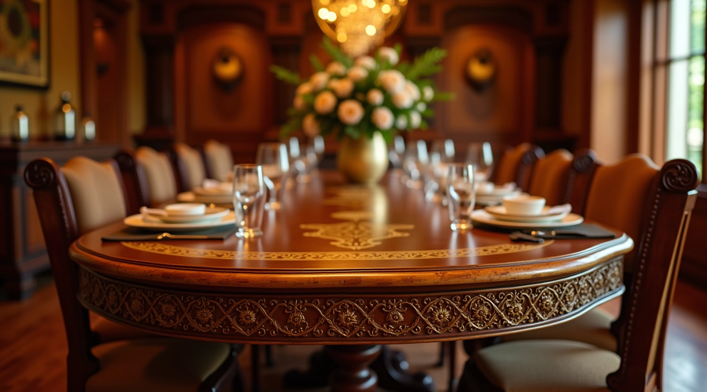 Traditional teak dining table with brass inlays and carved details in a heritage dining room setting