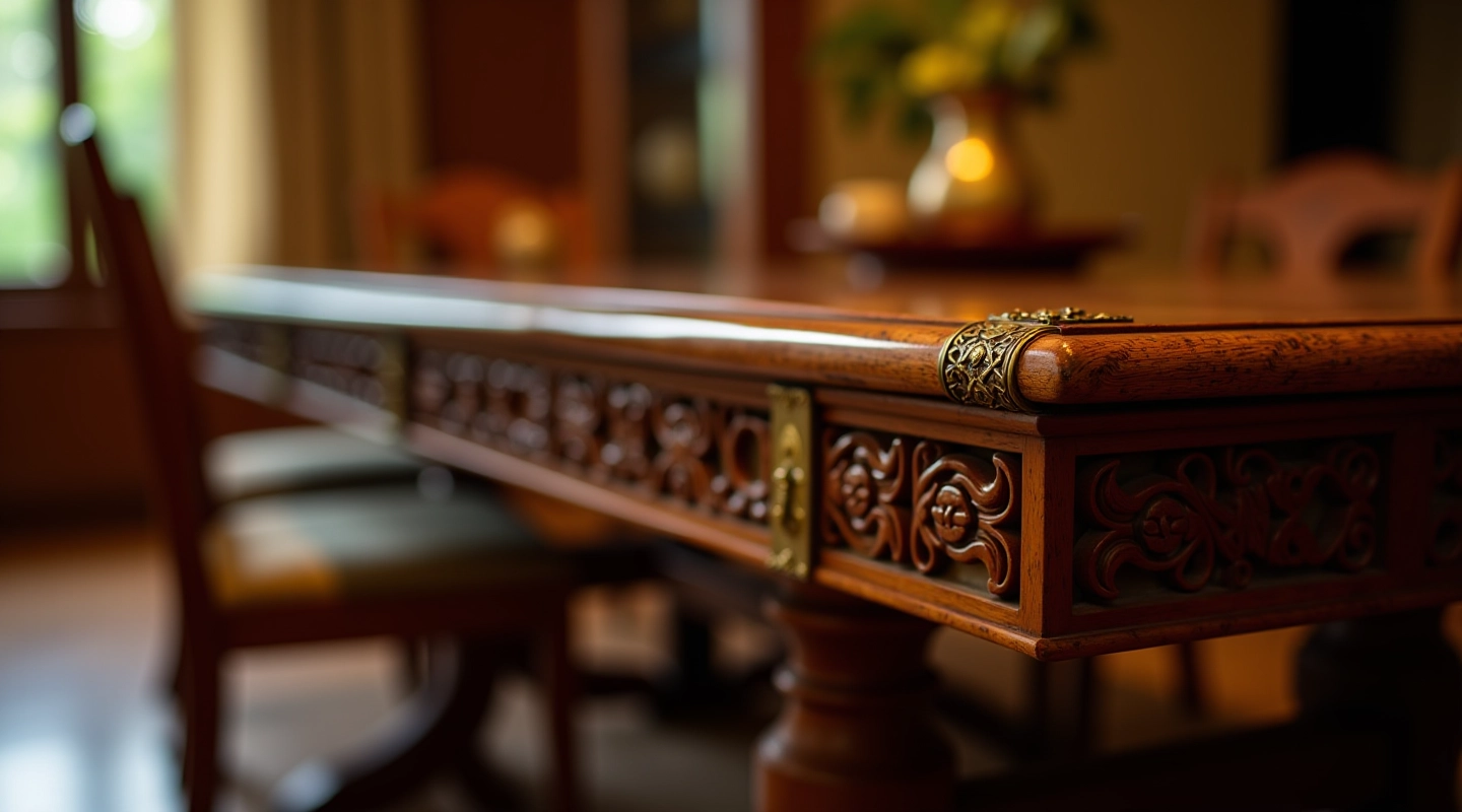 Ornate wooden dining table with carved details and brass hardware showcasing traditional Chettinad craftsmanship
